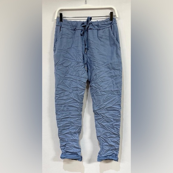 (93631-DNM) SOLID DRAWSTRING SOFT CRINKLE JOGGERS WITH POCKETS - Picture 1 of 10
